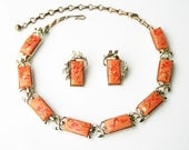 Vintage Coro Peach Orange Confetti Lucite Necklace Earrings Set