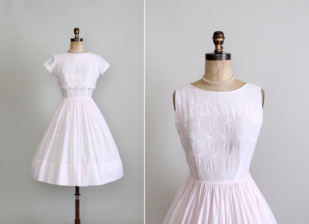 Vintage 1960s Dress : 50s 60s Embroidered Cotton Party Dress