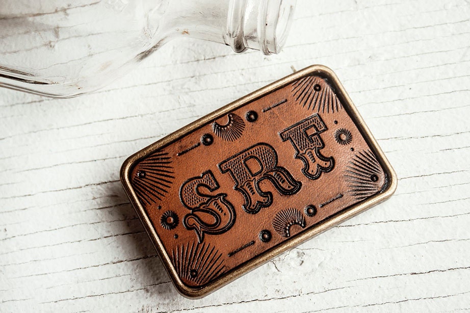 Leather Belt Buckle - Unisex hand tooled customized - leather and antique brass - choice of stain color and initials