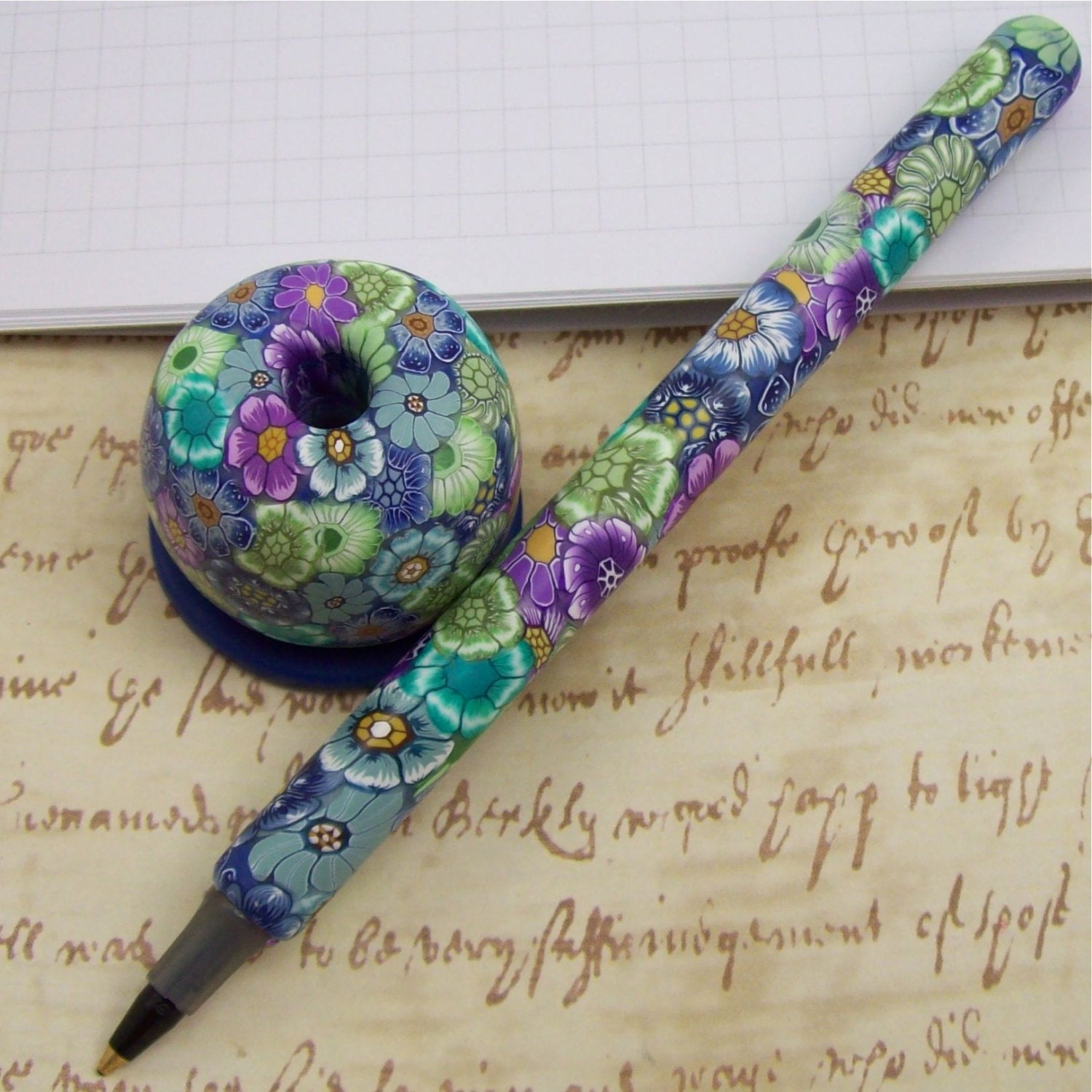 Handmade Polymer Clay Pen with Pen Holder