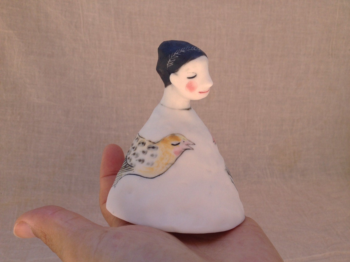 RESERVED for Sigrid          Yellow bird, Pink bird : Porcelain bell 128    handmade ooak sculpture