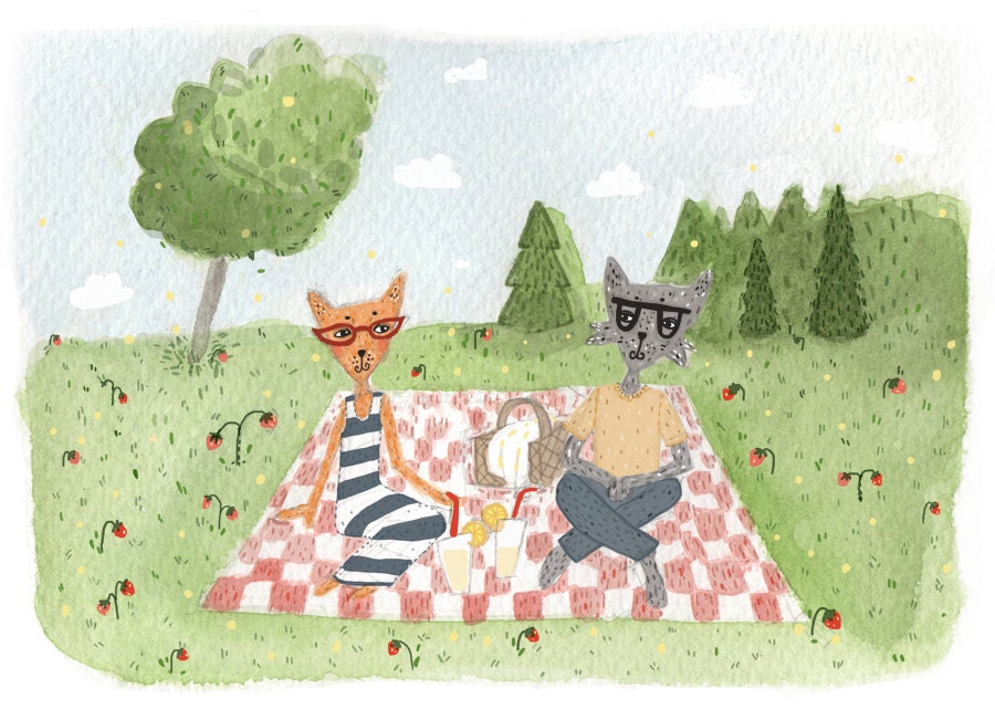 Fox and Wolf on a picnic A6 Postcard