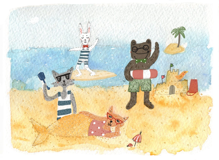 Forest animals at the beach A6 postcard