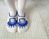 Women socks, Handmade Slippers, Turkish Knitted Slippers, Authentic footwear, Stylish foot wear, White Marine BlueSlippers