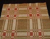 Vintage Coverlet 19th Century Old Antique Russet Red Green 16" x 18" Woven Coverlet Piece