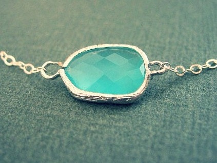 Asymetrical Aqua Necklace,  Silver Necklace