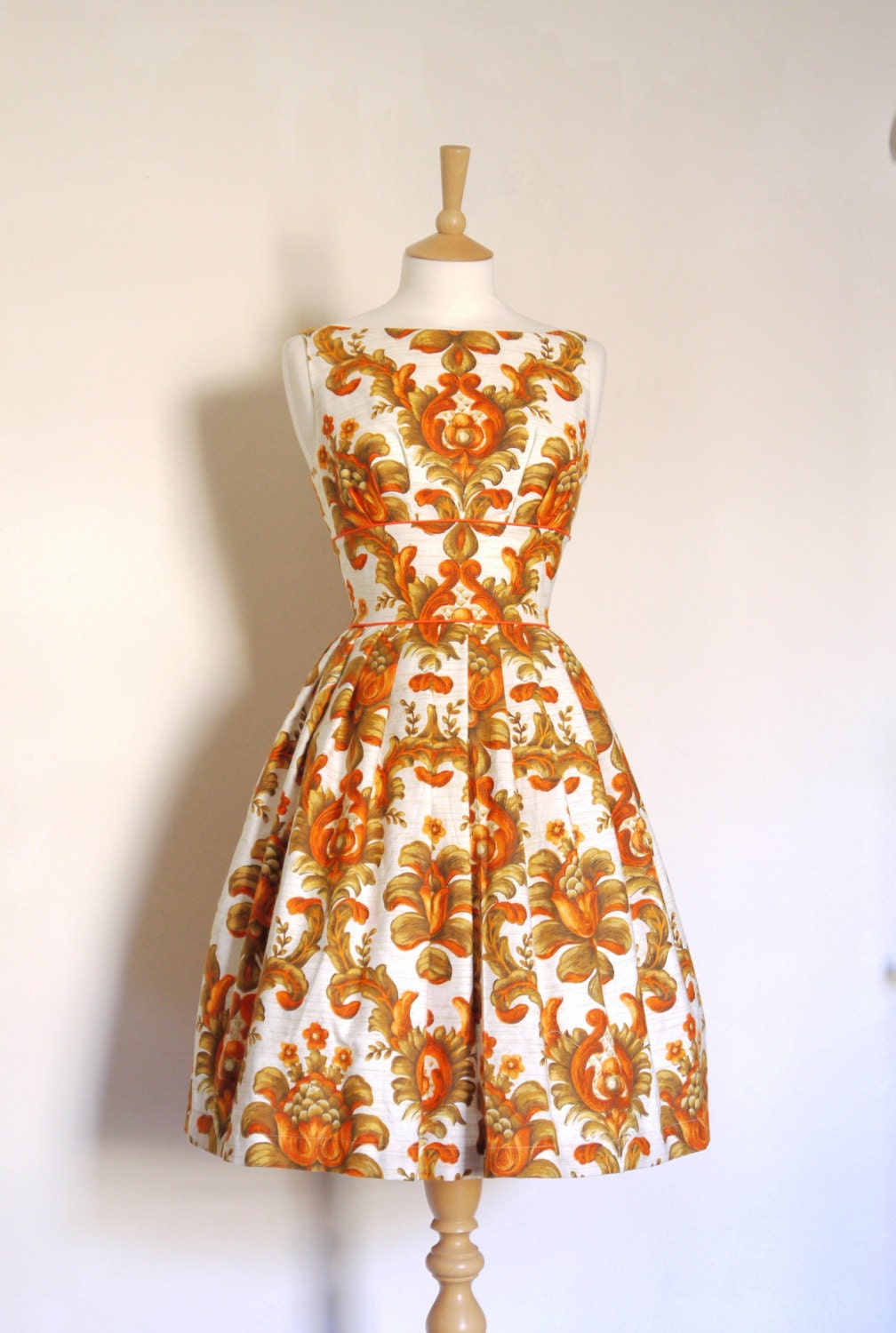 Burnt Orange and Gold Rococo Print Tiffany Prom Dress - Made by Dig For Victory