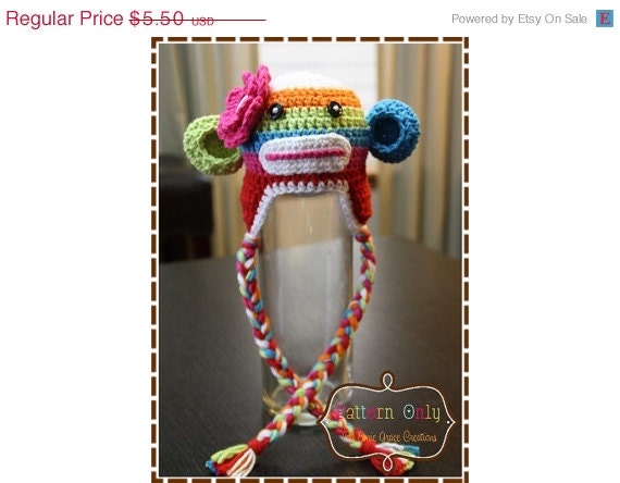 ON SALE Sock Monkey Hat Crochet Pattern - SUZY & Sid Rainbow Stripe - 122