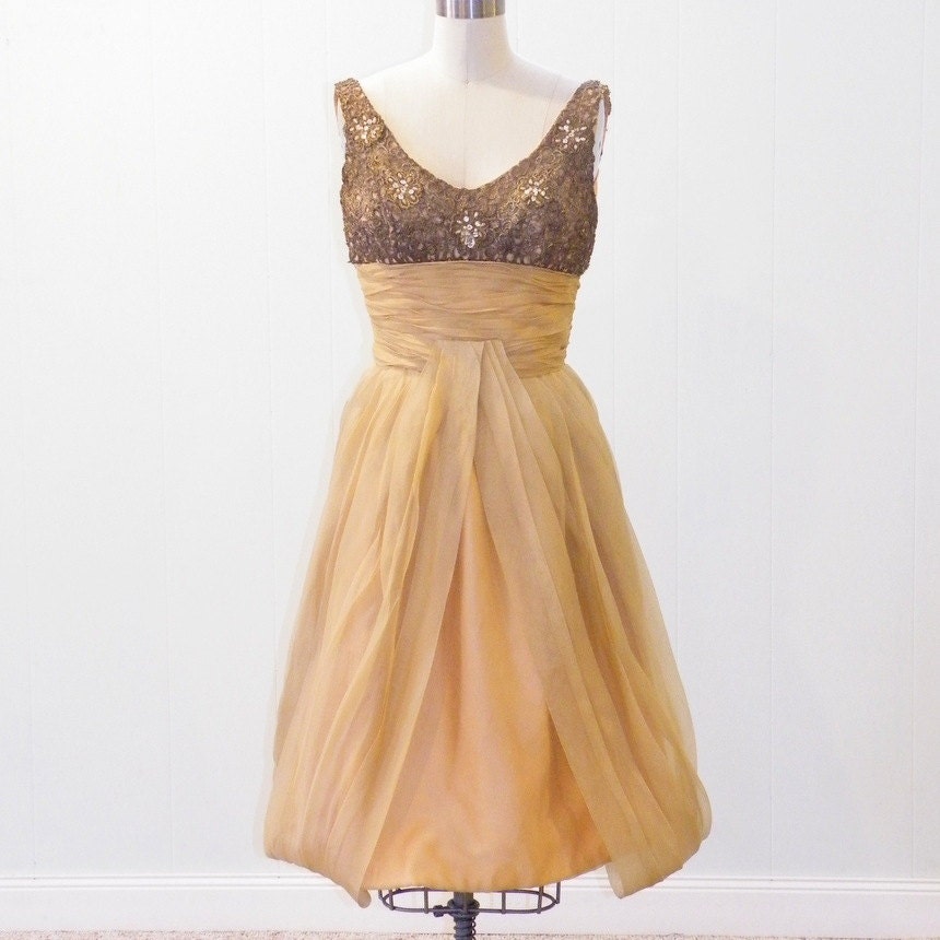Vintage 50s Dress, 1950s Party Dress, Gold Organza Prom Dress with Rhinestones & Bronze Webbing, Full Bubble Skirt, XXS