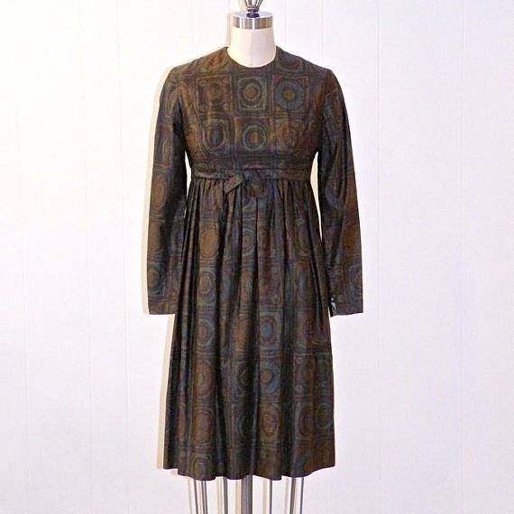 1960s Mod Dress, Vintage 60s Empire Waist BabyDoll Mini Dress, Bronze Circles & Squares Print, Vintage Twiggy Retro Dress