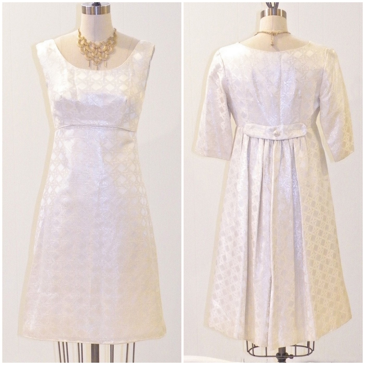 60s Mod Cocktail Dress & Princess Coat Set, Metallic Silver 1960s Space Age Geometric A-Line Dress and Jacket