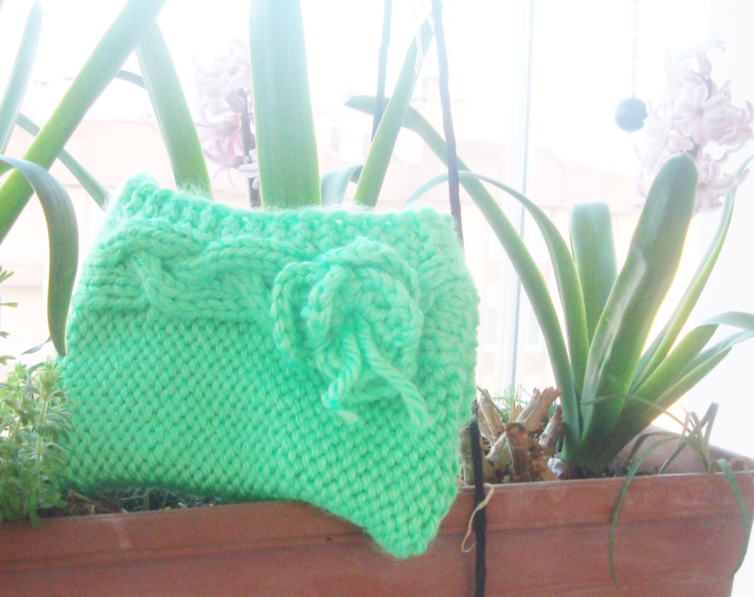 Hand Knitted Clutch Purse in Lime Green Clutch - Women Clutch with Zippered and Crochet Flowers