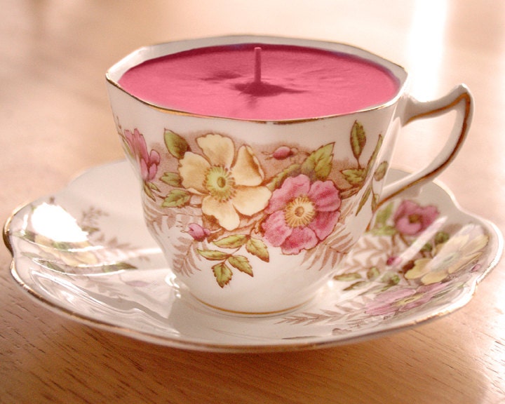 Teacup Candle - Vintage Rosina Floral Bone China Soy Wax Tea Cup Candle - your choice scent