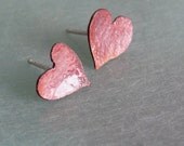Handmade, Forged,  Copper Heart Post Earrings with Clear Enamel, OOAK