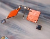 Nectarine Orange and Denim Blue Enamel Earrings, Handmade, Copper, Sterling Silver