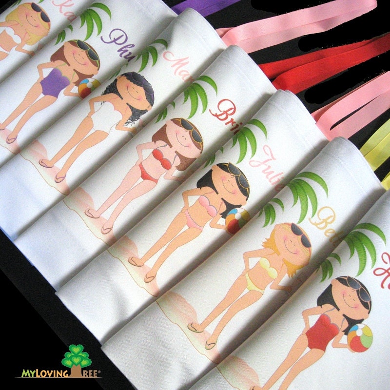 Personalized bridesmaids canvas beach tote gift bags summer wedding or bridal shower party or beach wedding give away favors