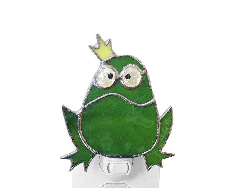 Frog Prince Night Light Stained Glass Green Nursery Night Light Grumpy Frog Handmade Nightlight