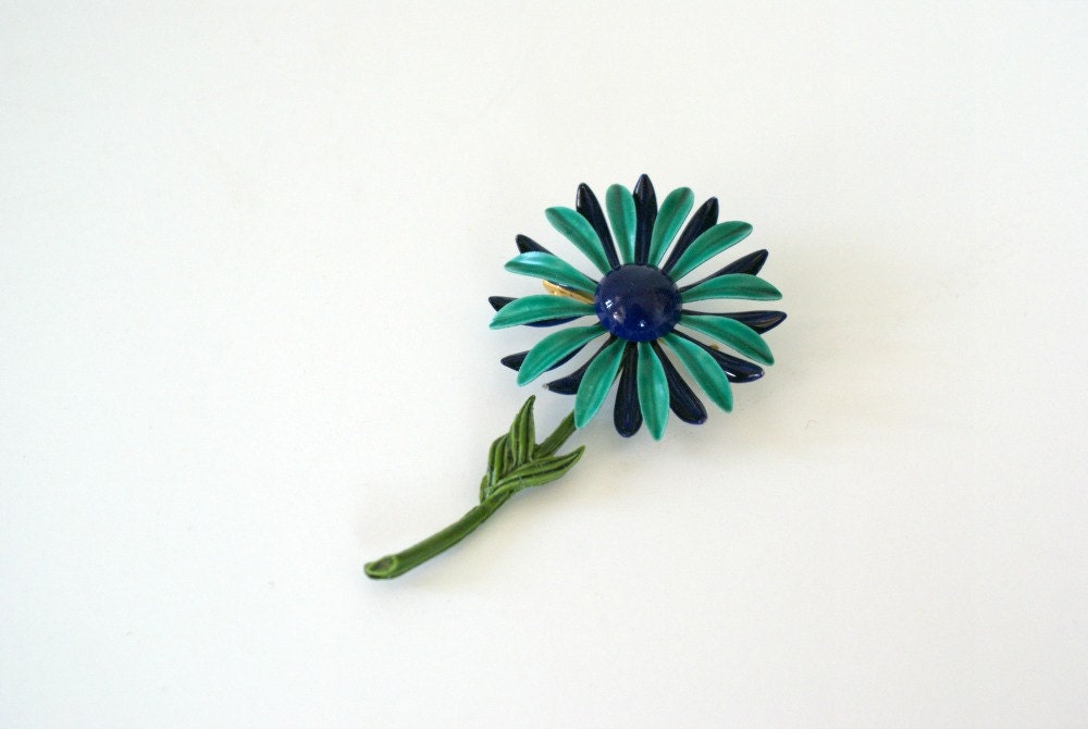 Vintage 1960s Brooch - Large Mod Blue Daisy Pin -
