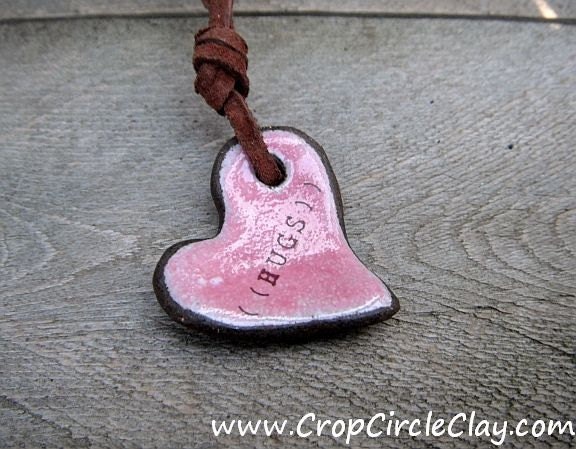 HUGS Pink Heart Pendant Mother's Day Birthday BFF Gift Free Spirit Rustic Heart Pendant Gift for Her Adorable HUGS