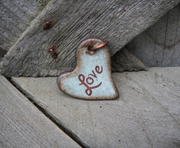 LOVE Heart Charm Turquoise Green Ceramic Bead Pendant Focal Reiki energy Rustic Earthy Love Pendant Heart Focal Bead Oxidized Copper