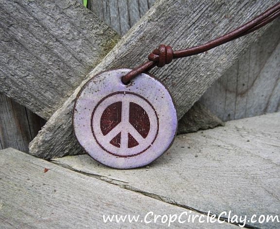 Peace Symbol Lilac Ceramic Pendant Peaceful Warrior Lightworker Boho Pendant Hippie Peace Keeper Flower Child Gift Light Purple Brown