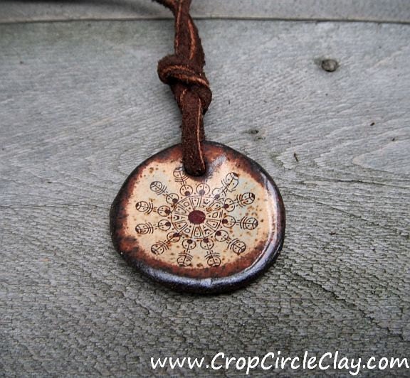 Gift for Him Mayan Crop Circle Ceramic Pendant Sacred Geometry Rustic Earthy Beige Cream Brown Spiritual Boho - Dark Brown Leather Cord