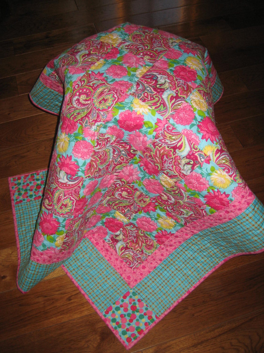 Baby Quilt, Bright Pink and Turquoise Paisley Flowers
