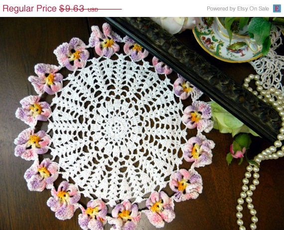 ON SALE Pansy Edged Doily - Vintage Crochet - Multi Colored Border 9849
