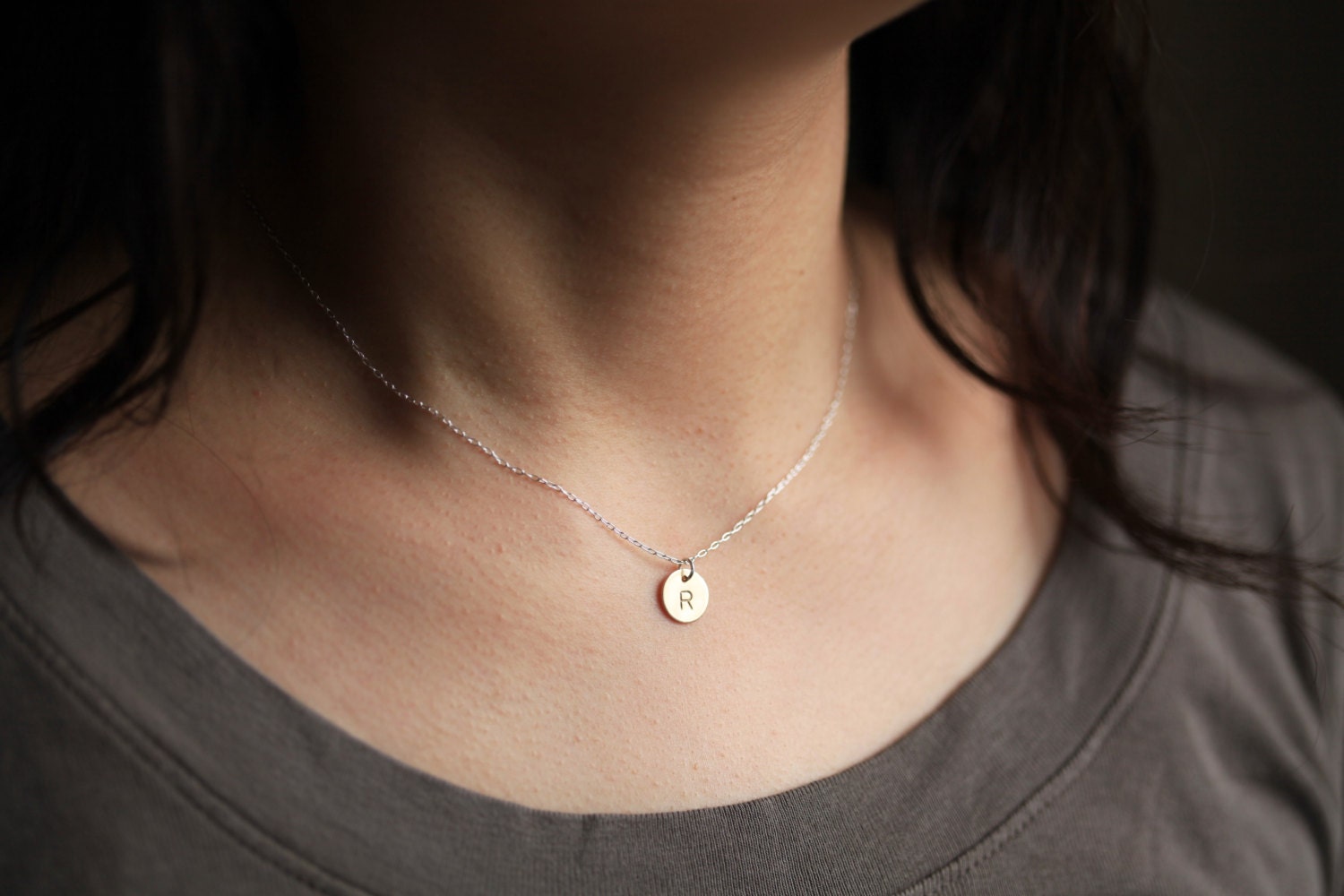 initial necklace with circle pendant - personalized necklace (gold filled and sterling silver combination)