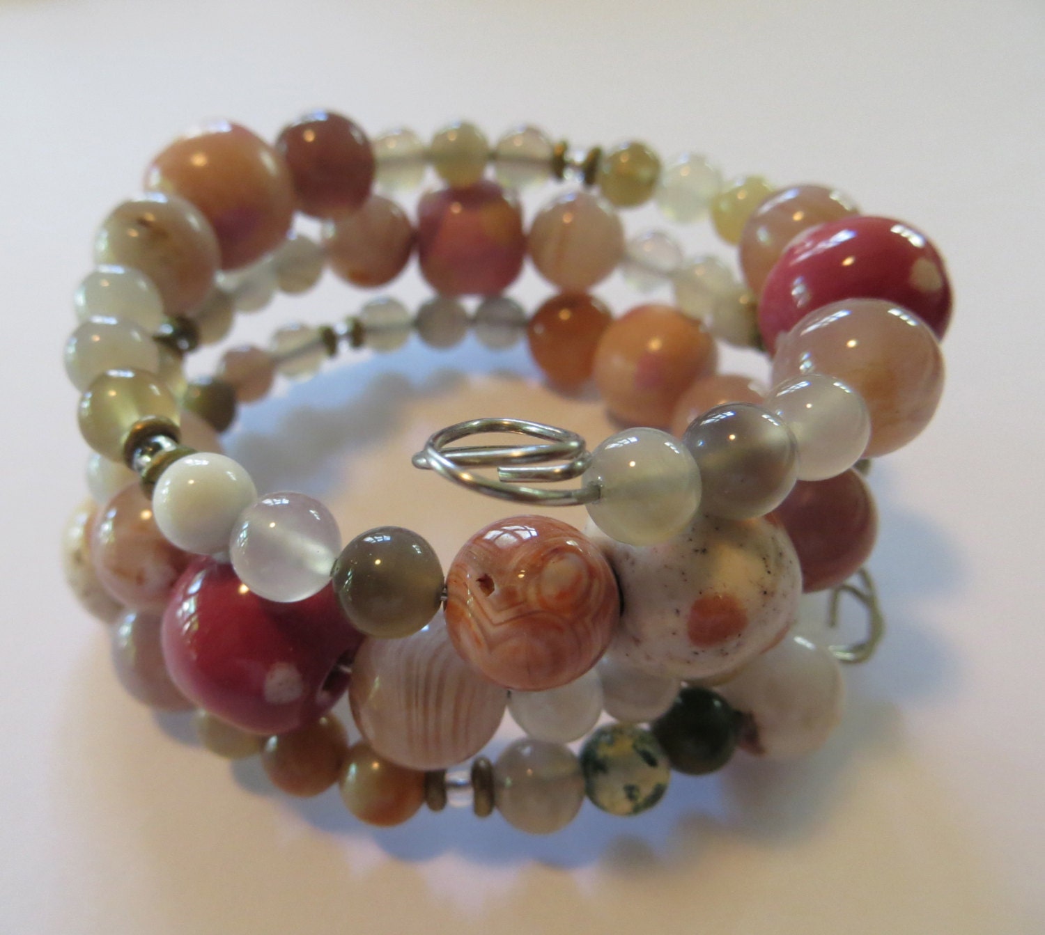 Memory Wire Bracelet, Kazuri Bead Bangle, Semi Precious Stones - lizbriggsdesigns Memory Wire Bracelet, Kazuri Bead Bangle, Semi Precious Stones - lizbriggsdesigns