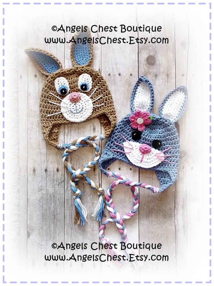 Cute Crochet Rabbit Bunny Beanie Earflap Hat PDF Pattern Sizes Newborn to Adult Boutique Design - No. 59 by AngelsChest