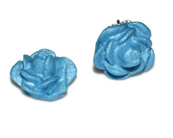 Pearl Blue Rose Post Earrings Sterling Silver Polymer Clay