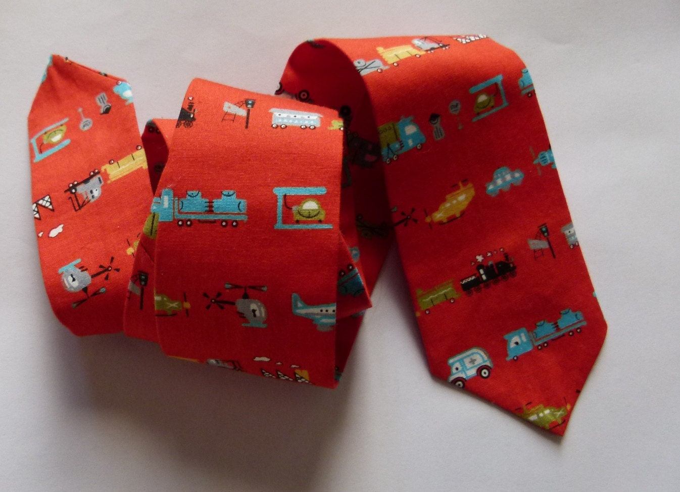 Ready to Ship boys necktie bright red  car bus truck small printed cotton neck tie
