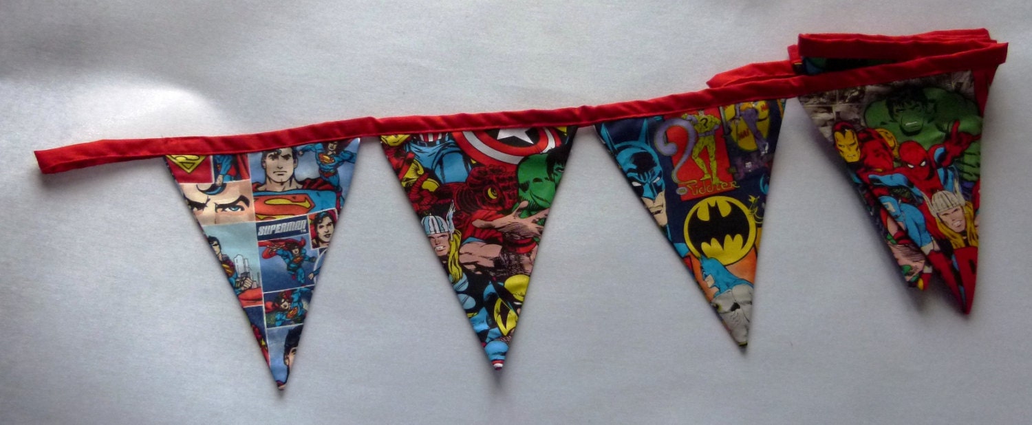 2  Reusable Fabric Bunting / Flags / Pennants Superheros comic book captain america superman hulk spiderman