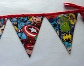 5  Reusable Fabric Bunting / Flags / Pennants Superheros comic book captain america superman hulk spiderman