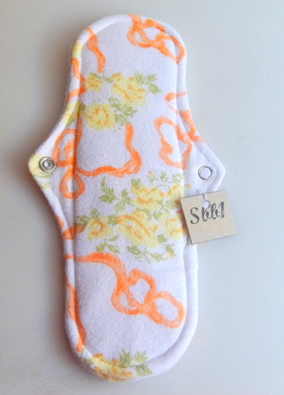 White Cotton Flannel Cloth Menstrual Pad With Orange Ribbon and Yellow Flowers