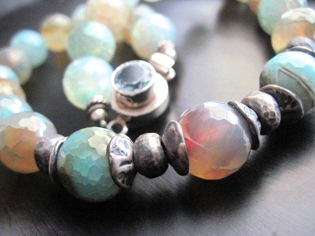 Ocean Agate Necklace Blue Brown Faceted Sterling Silver