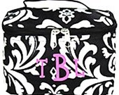 monogrammed  travel case, cosmetic bag, personalized travel bag, damask print case