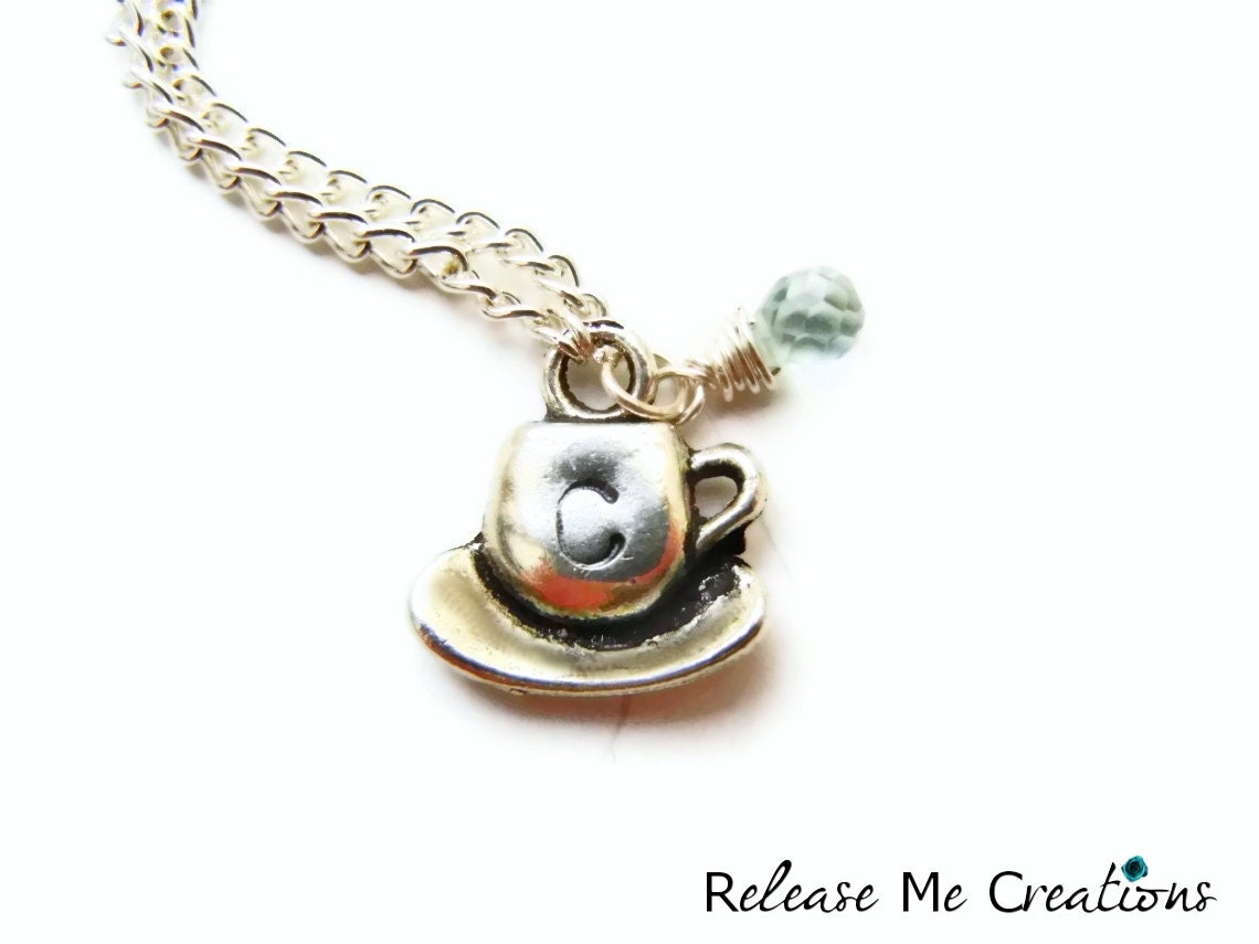 Coffee Tea Lover Initial Charm Necklace Personalized Monogram Alphabet Gift