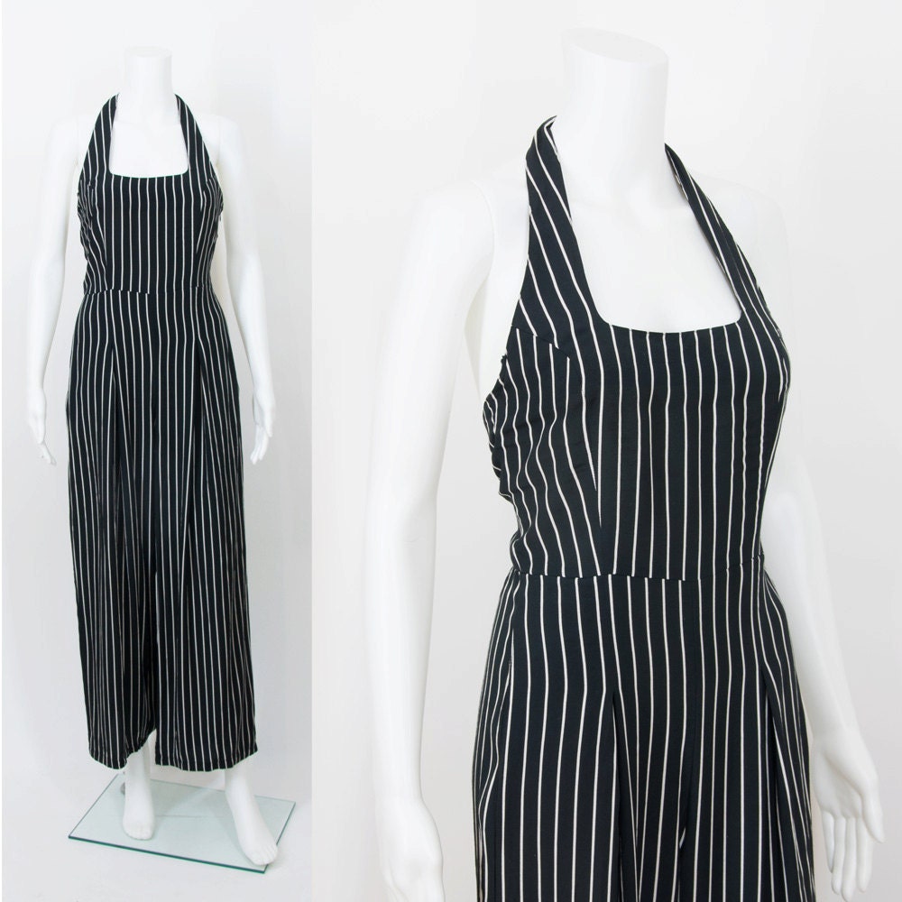 Gangster Pin Stripe Black and White Halterneck Jumpsuit / XS / S