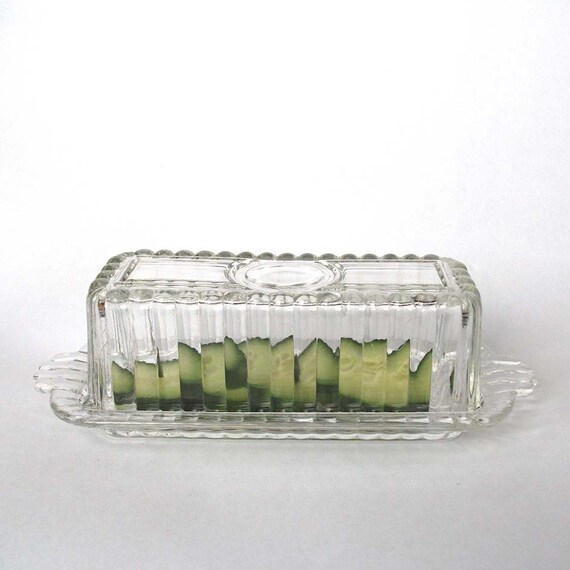 Art Deco Glass Butter Dish Vintage Clear Glass by