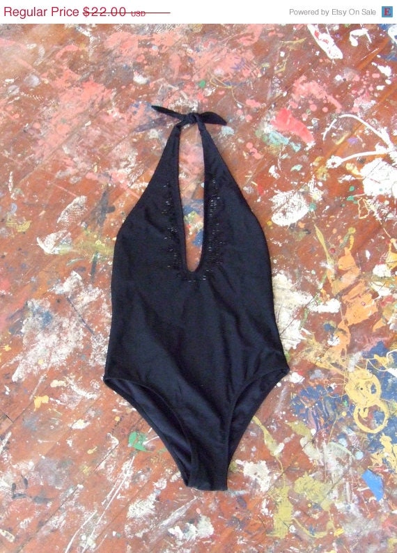 30% OFF FLASH SALE / Final Sale////Vintage 1990s black halter swimsuit with beaded details