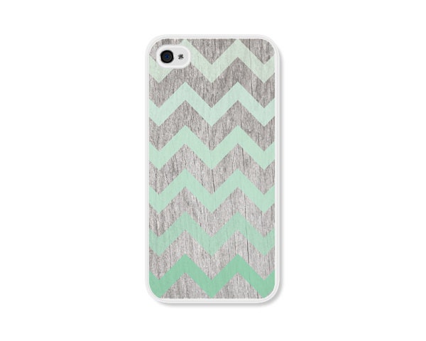 Mint Green Ombre Chevron iPhone 4 Case - Plastic iPhone 4 Cover -  Wood iPhone 4 Skin - Brown Woodgrain Cell Phone Case