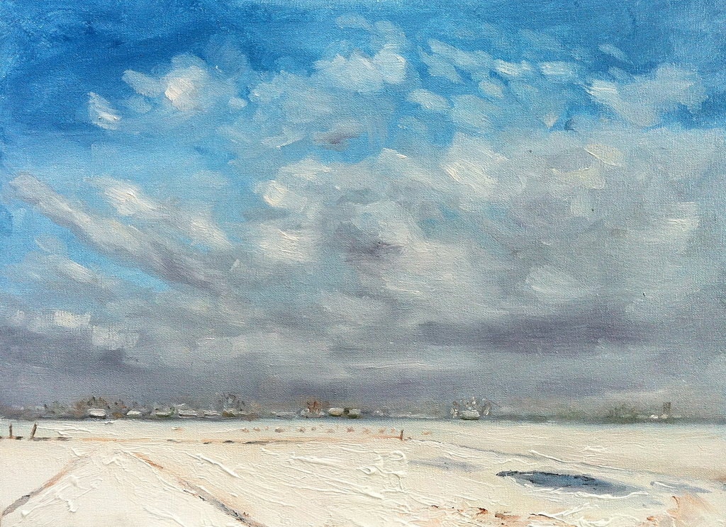 Dutch Landscape Uitgeest Castricum winter blue sky oil painting original by 30 x 40 cm