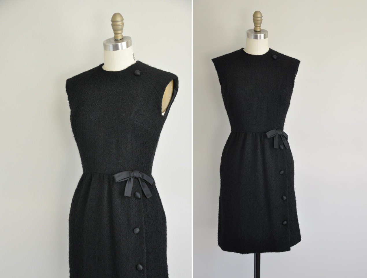 vintage 60s dress / 60s nubby wool black dress / 1960s bow tie dress