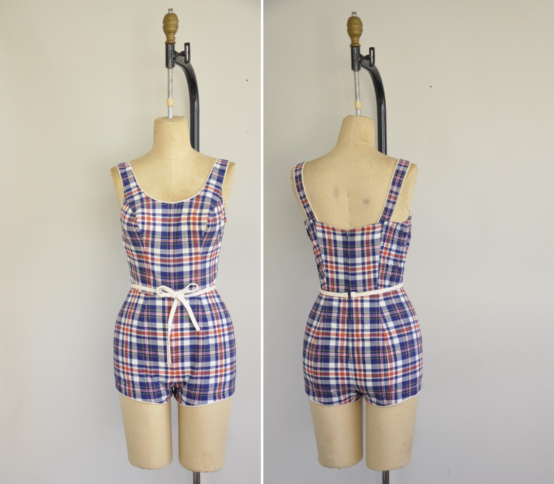 vintage 1950s swimsuit / 50s plaid swimsuit / 1950s Catalina  swimsuit