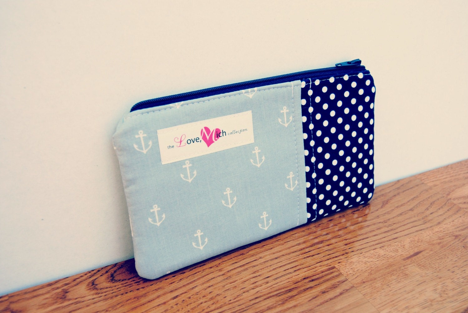 Medium Zippy Pouch - READY TO SHIP - Gray Anchors and Navy Dots