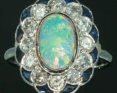 Cabochon Opal Diamond Ring - Blue sapphire platinum setting 1920's vintage jewelry