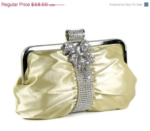 ON SALE Gold Bridal Clutch, Gold Bridesmaids Clutch, Vintage Style Bridal Clutch with Crystal Trim and Bow Brooch