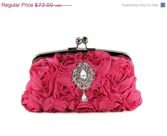 ON SALE Fuchsia Bridesmaids Clutch, Fuchsia Bridal Clutch, Wedding Clutch, Evening Bag with Swarovski Crystal Brooch
